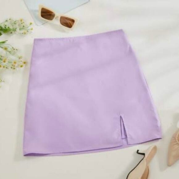 Shein Dresses & Skirts - NWOT Shein Lilac Purple Mini Skirt Women’s Size Small Side Slit High Waist
